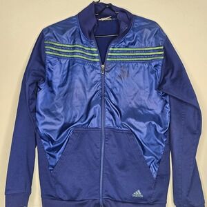 Adidas Mens Full Zip Track Jacket Blue Neon Green Stripes Mock Neck Size Medium